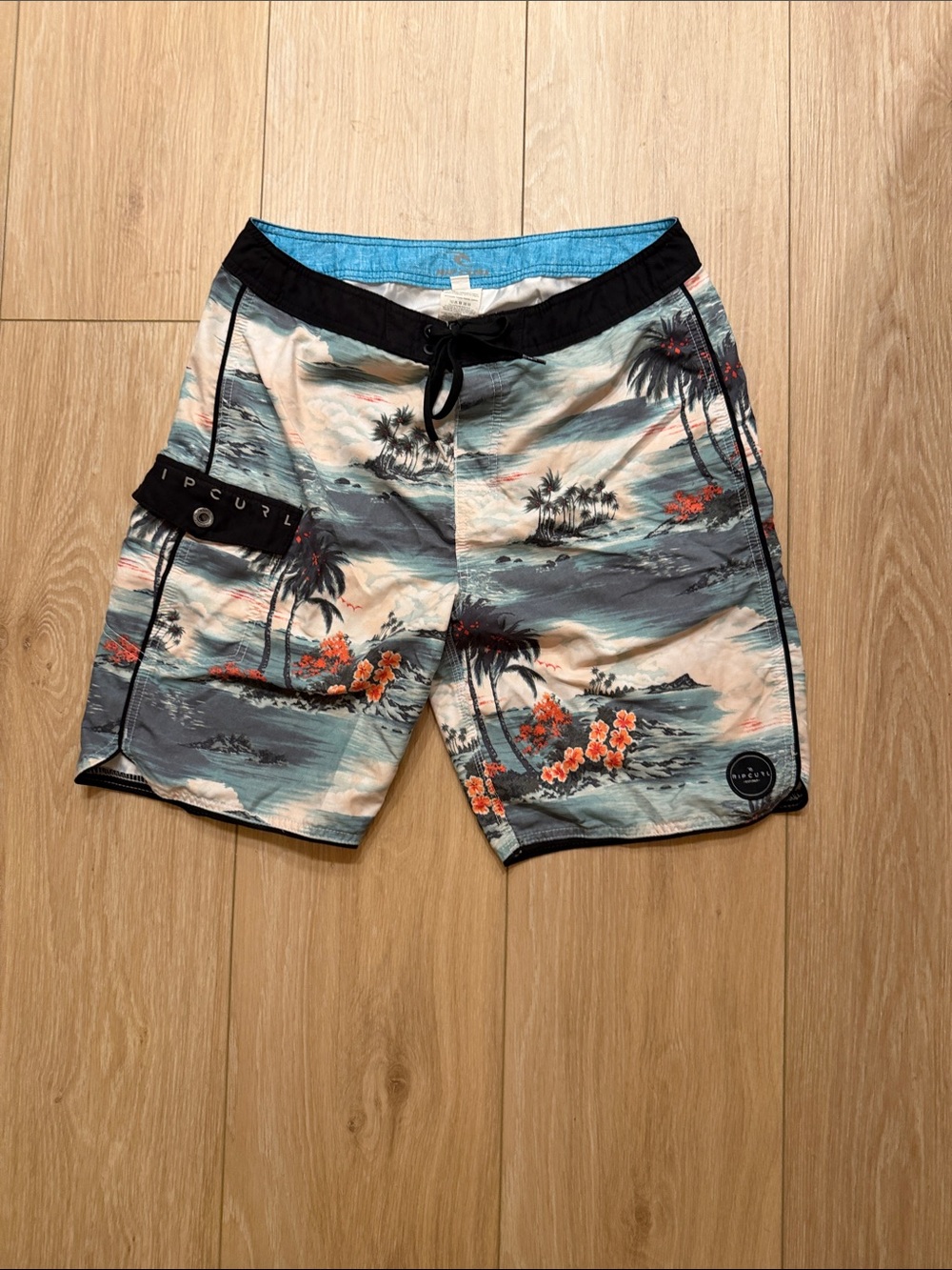 Rip Curl Men’s Island Print Board Shorts in Blue, Black and Coral